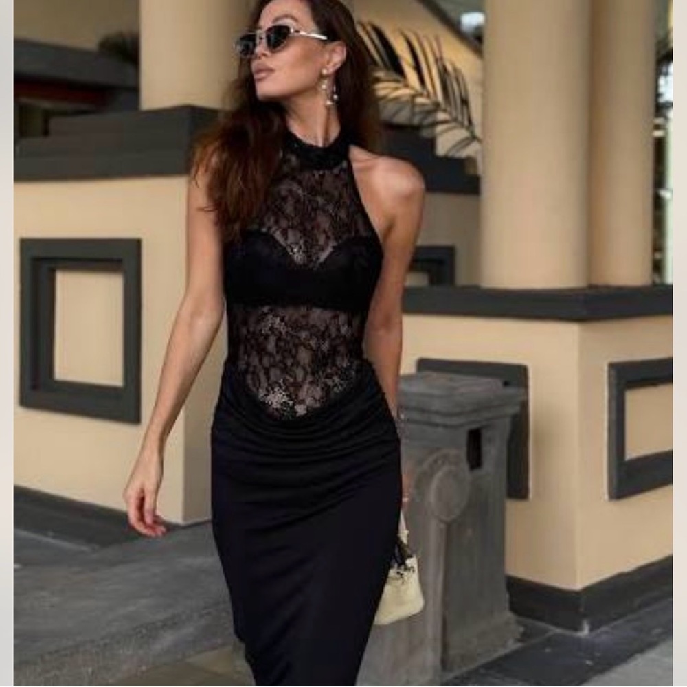 ZARA Lace Combination Maxi Dress, Black M NWT